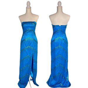 Stunning Vintage 100% Silk Blue Strapless Prom Gown w/ Teal Sequin Beading